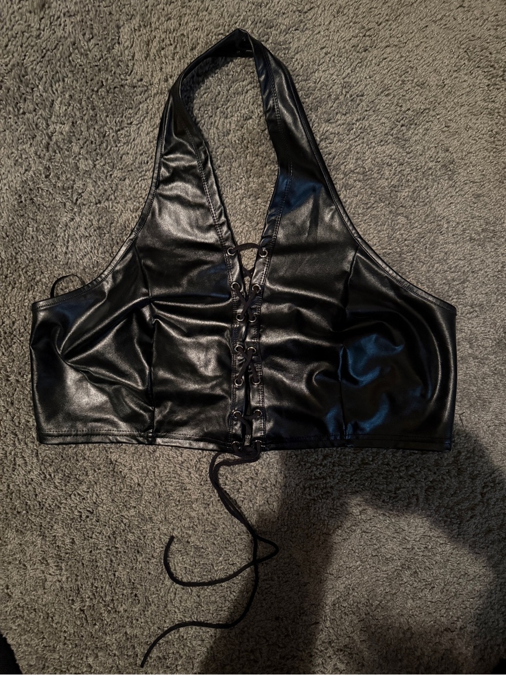 SHEIN Black Faux Leather Curve Halter Lace-Up Crop Top